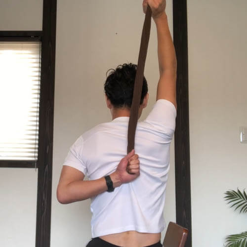 タオルを使って30秒肩甲骨ストレッチ｜肩甲骨関節、菱形筋、小円筋、大円筋、僧帽筋、広背筋、三角筋がほぐれる