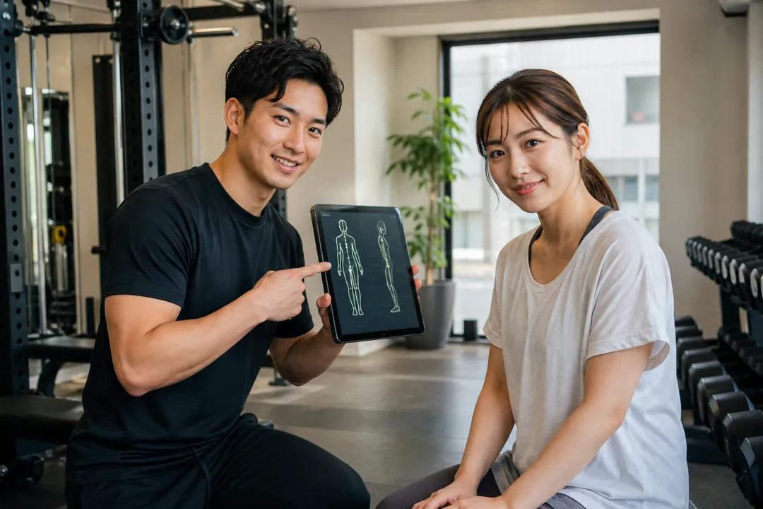 姿勢分析の結果をスタッフとお客様が確認するイメージ