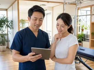 施術者がタブレットでお客様の来店履歴を確認している様子